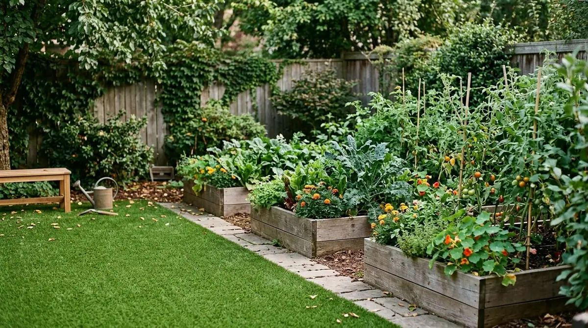 Artificial grass lawn beside raised wooden garden beds growing kale, tomatoes, and marigolds