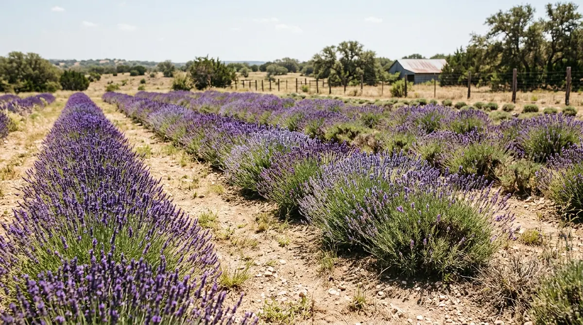 Rows of blooming purple lavender bushes growing in a dry field near a rustic barn