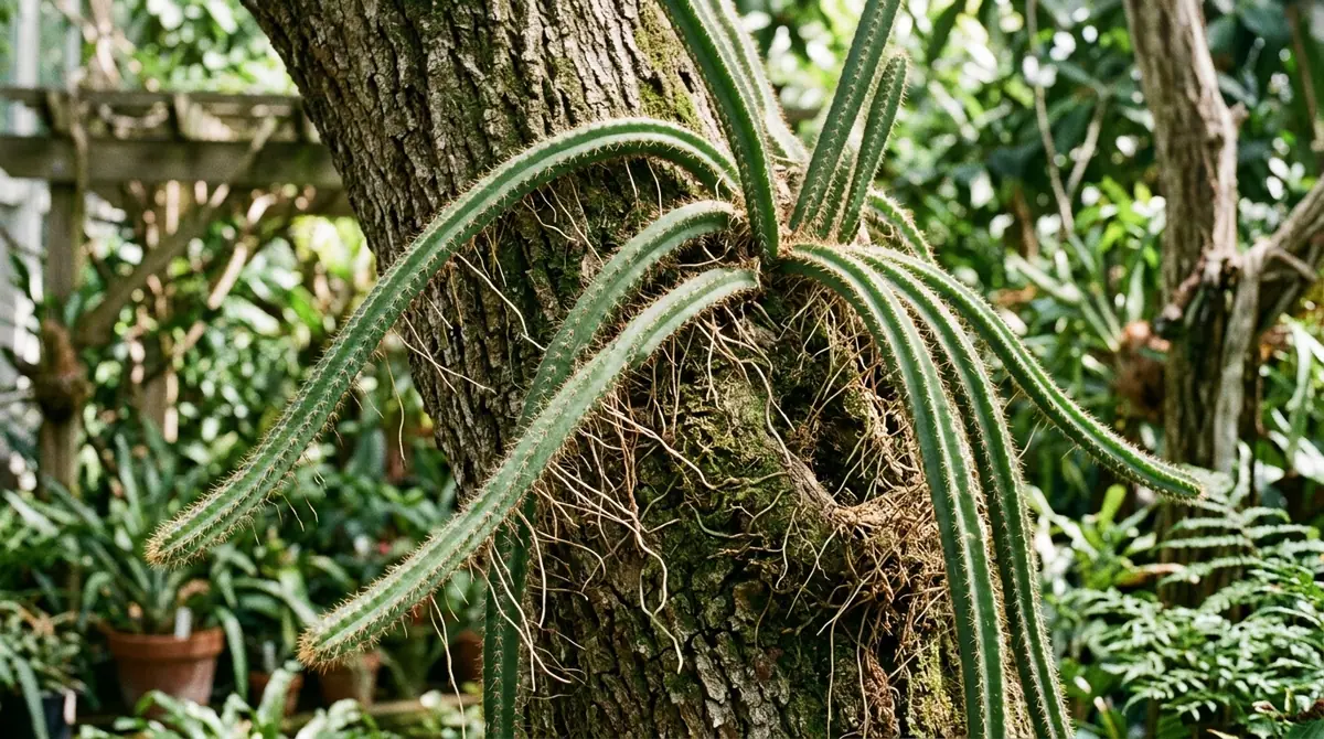 Dog tail cactus with thin aerial roots clinging to a rough tree trunk
