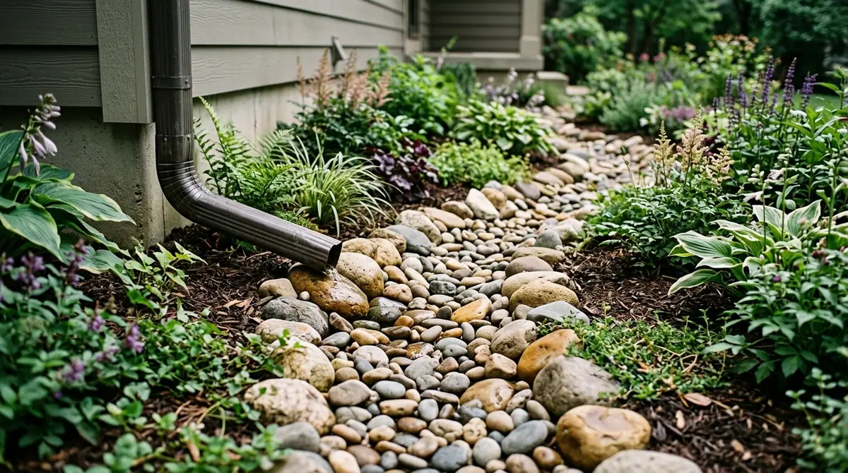 Metal downspout extending over a dry river rock bed bordered by hostas, ferns, and flowering plants