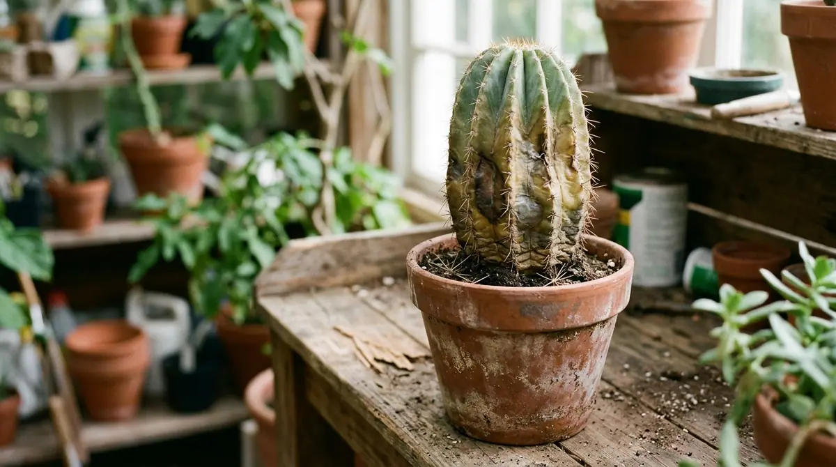 Yellowing and rotted cactus in a terracotta pot sitting on a wooden potting bench in a greenhouse