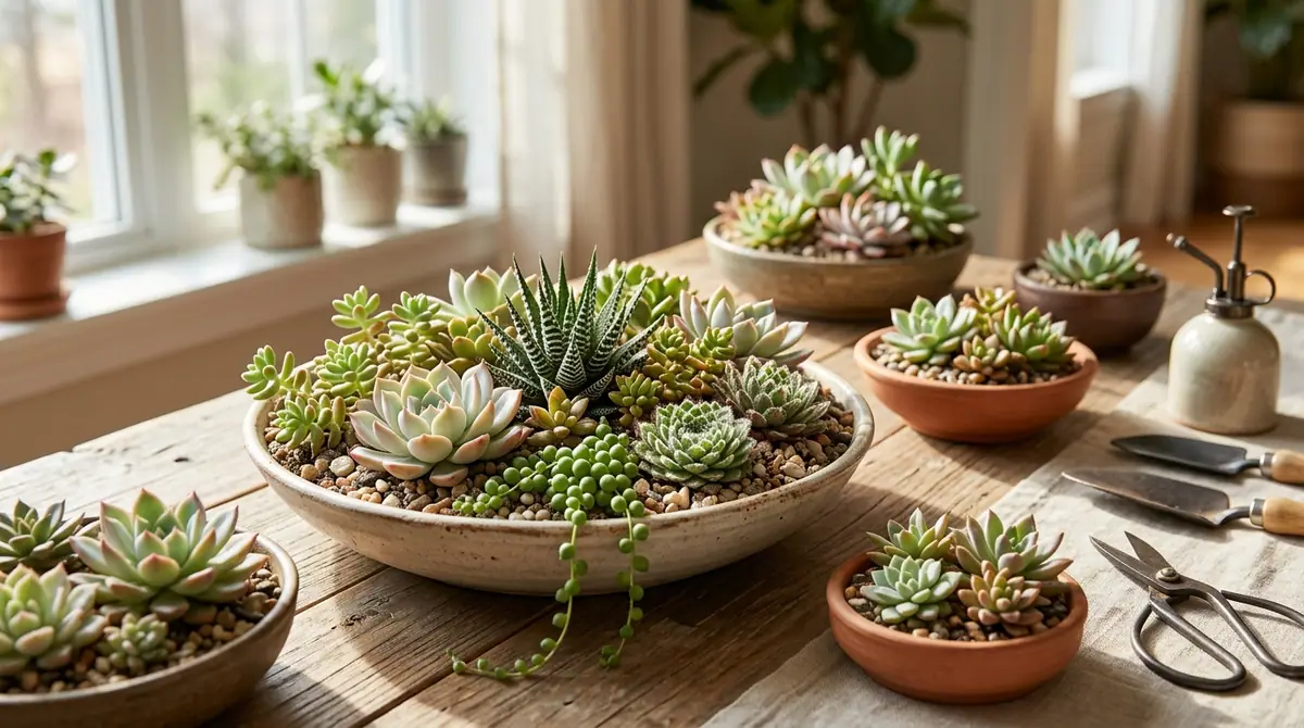 Succulent bowls arranged on a wooden table with small gardening tools near a bright window