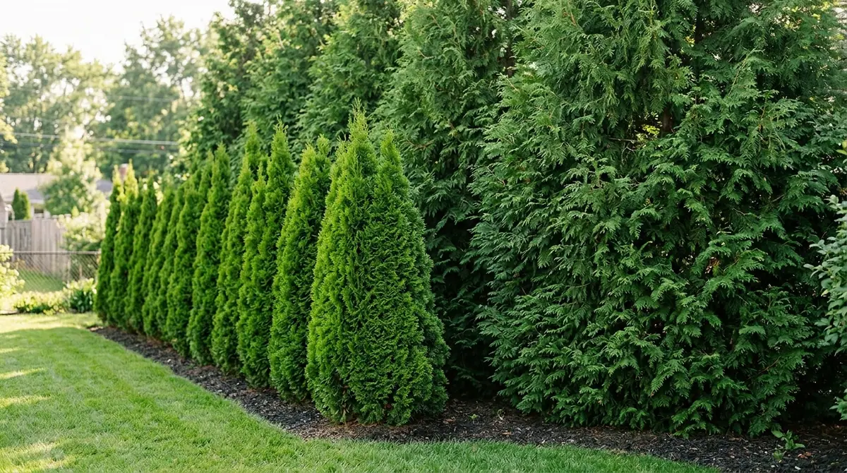 Row of narrow Emerald Green arborvitae trees next to larger Thuja Green Giant trees along a backyard lawn