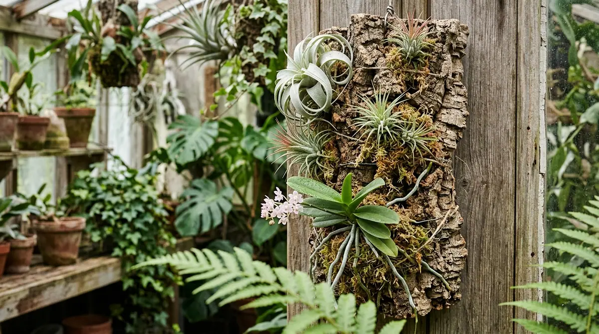 Air plants and a flowering orchid mounted with moss on a slab of cork bark in a greenhouse