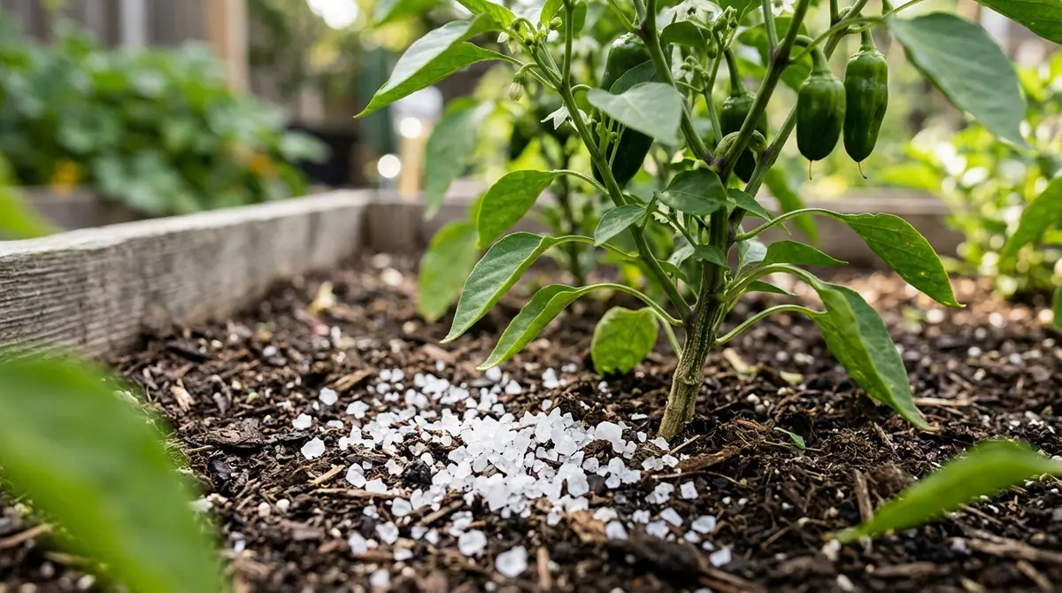 White Epsom salt crystals sprinkled on soil around the base of a green pepper plant
