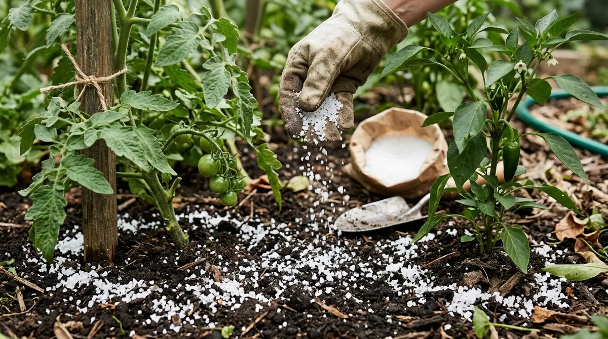 Gloved hand sprinkling white Epsom salt on soil between tomato and pepper plants