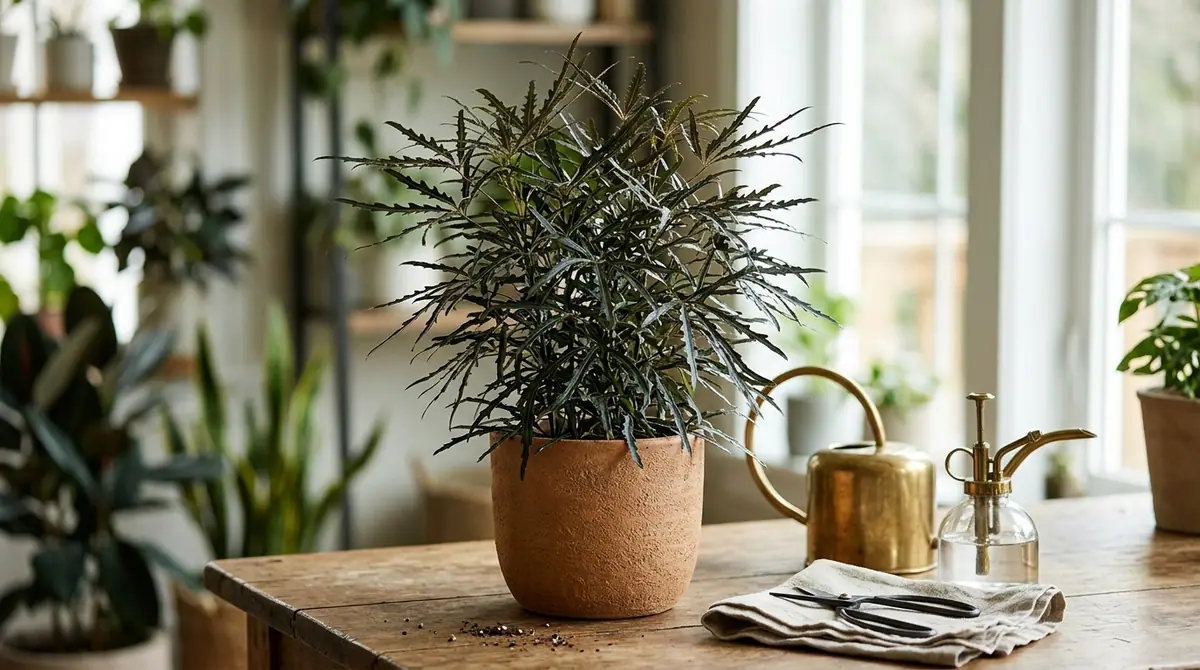 Potted false aralia plant on a wooden table beside a gold watering can, spray mister, and pruning shears