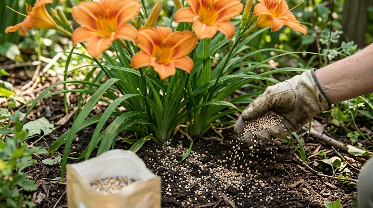 Gloved hand scattering granular fertilizer on soil around blooming orange daylilies