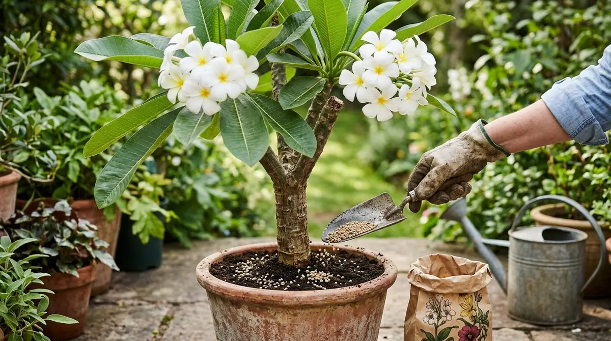 Gloved hand using a trowel to apply granular fertilizer to a potted plumeria plant with white flowers