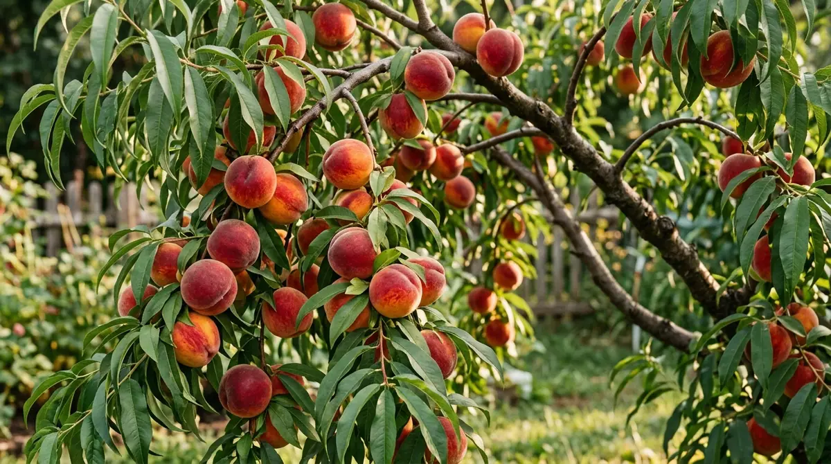 Ripe peaches hanging densely from leafy branches on a Flamin Fury peach tree in a sunny garden