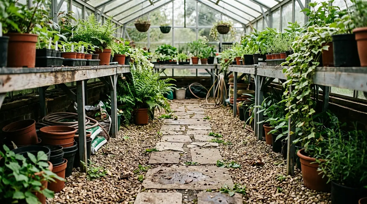 Stone path flanked by gravel, potted plants, and ferns on wooden shelves and floor inside a glass greenhouse