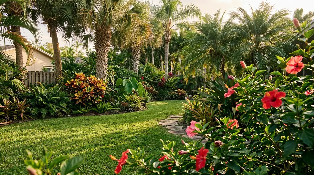 Lush tropical backyard with blooming red hibiscus, palm trees, crotons, and a stone stepping path