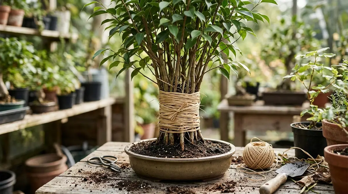 Multiple bonsai stems wrapped tightly with twine in a shallow pot on a workbench