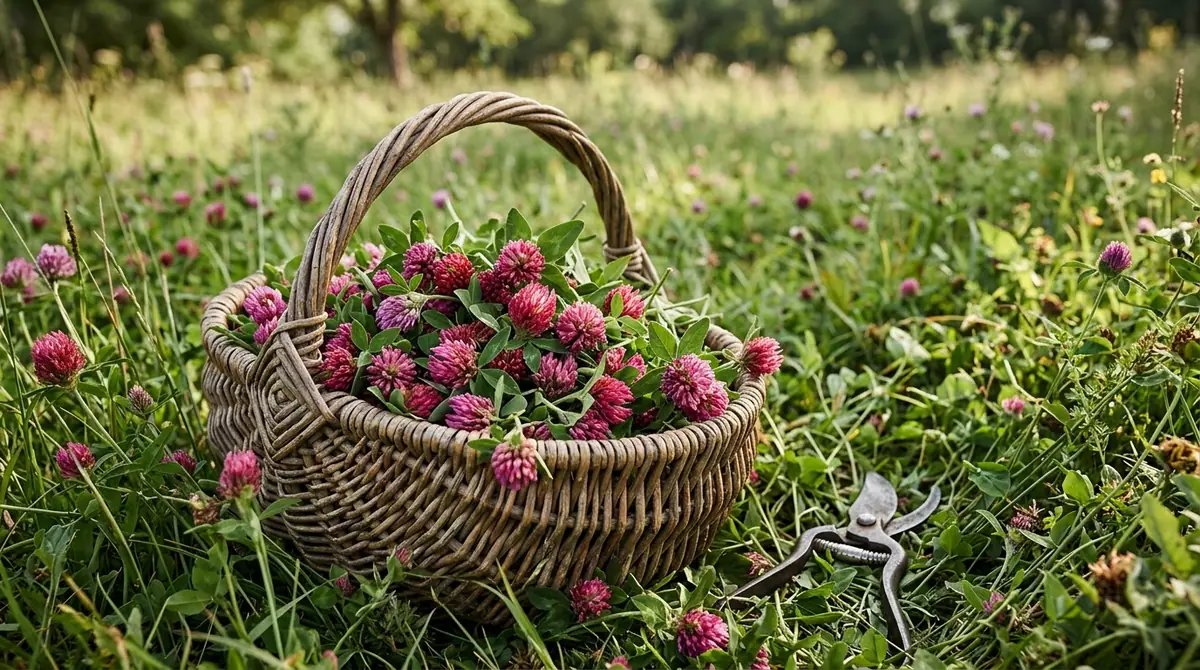 Woven basket filled with fresh red clover flowers resting in a grassy meadow next to pruning shears