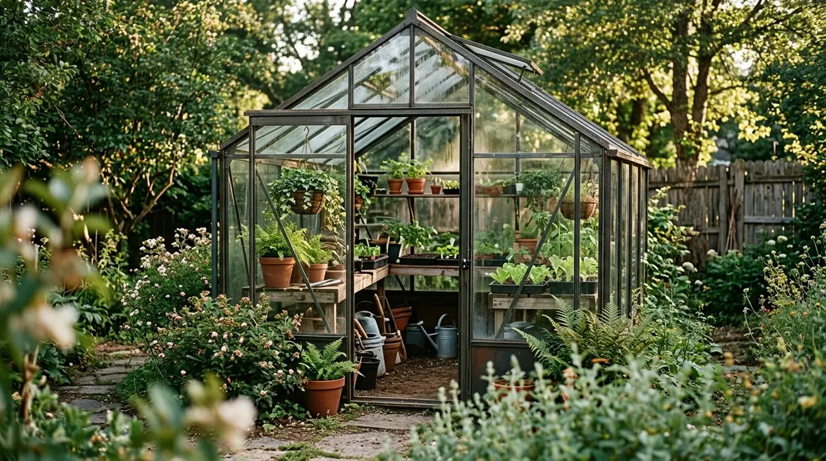 Glass greenhouse filled with potted plants and seedlings in a lush garden