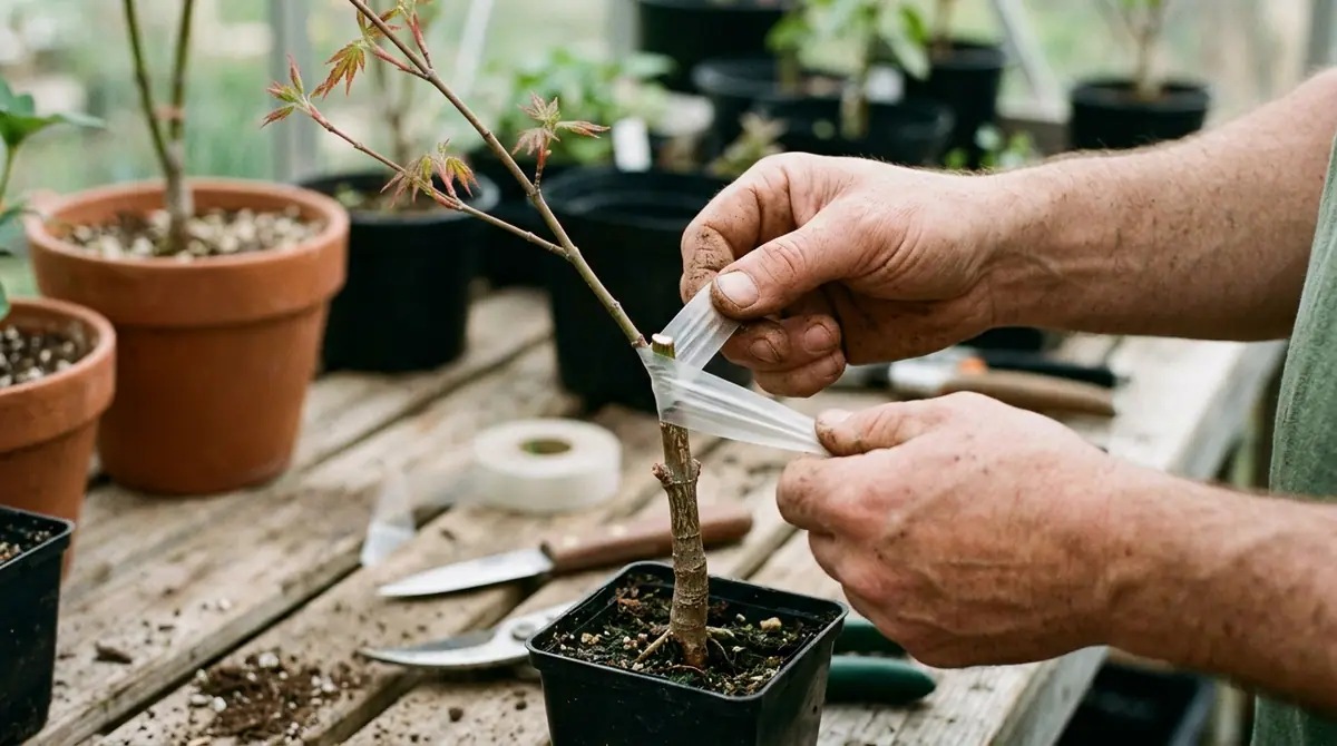 Hands wrapping clear grafting tape around a graft on a young potted Japanese maple stem