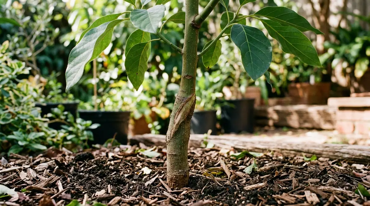 Young grafted avocado tree with a visible graft scar on its trunk planted in mulched soil