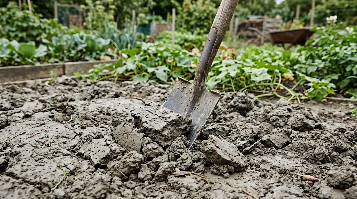 Metal spade digging up dense grey clay soil in a vegetable garden