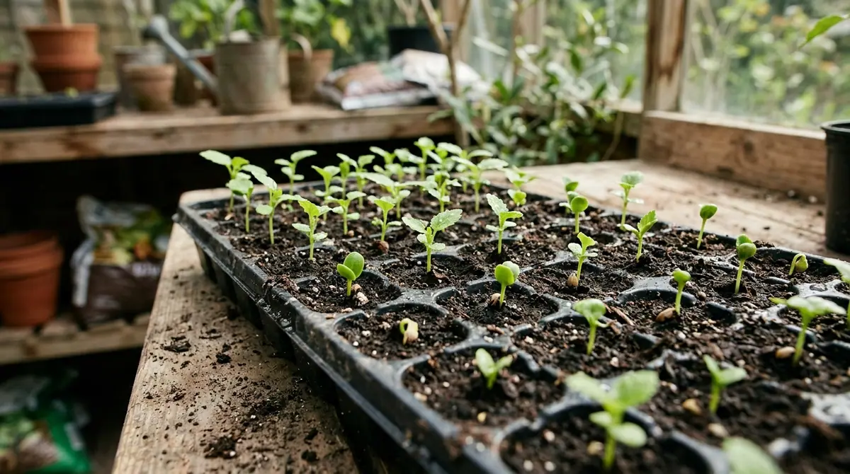 Young hibiscus seedlings sprouting in a black seed tray on a wooden potting bench in a greenhouse