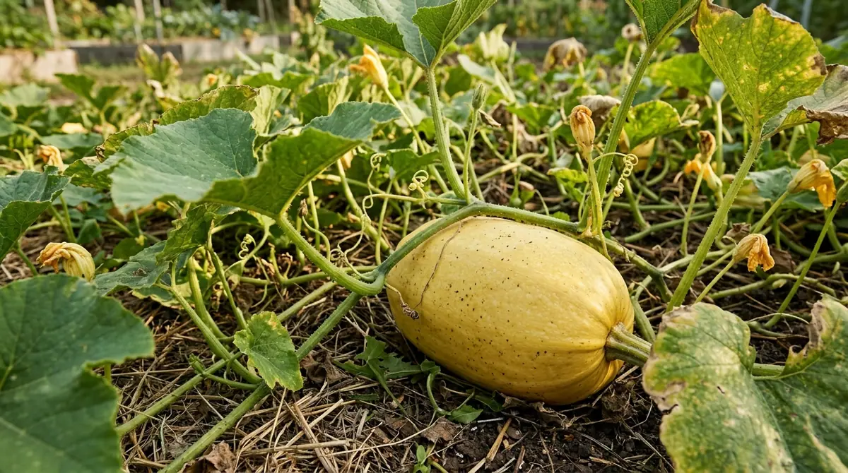 Yellow spaghetti squash growing on a leafy vine in a garden bed