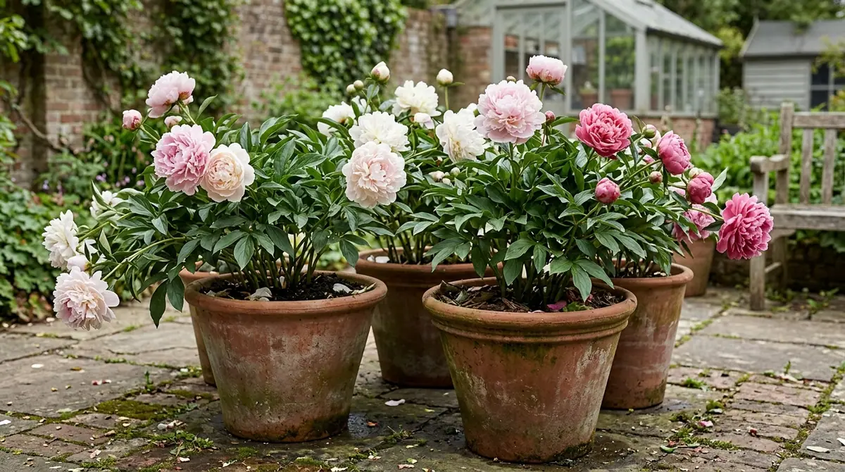 Pink and white blooming peonies growing in terracotta pots on a stone garden patio