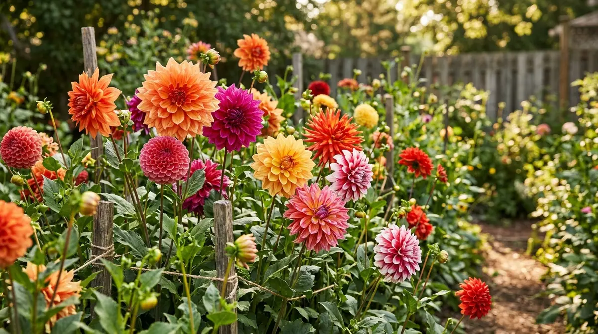 Colorful orange, pink, and red dahlias blooming in a sunny garden bed supported by wooden stakes