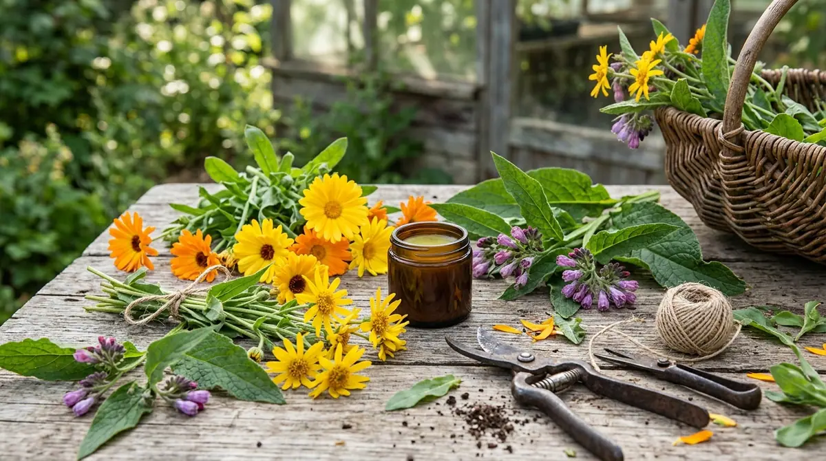 Fresh calendula and comfrey flowers beside a jar of herbal salve, shears, and a basket on a wooden garden table