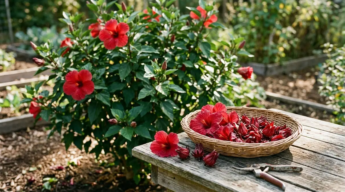 Freshly harvested red hibiscus flowers in a basket on a wooden table beside a blooming hibiscus bush