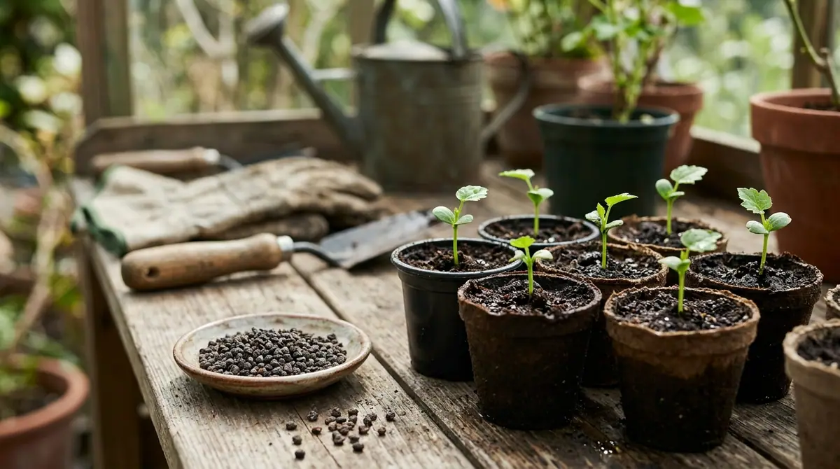 Young hibiscus seedlings in small pots next to a dish of seeds and gardening tools on a wooden bench
