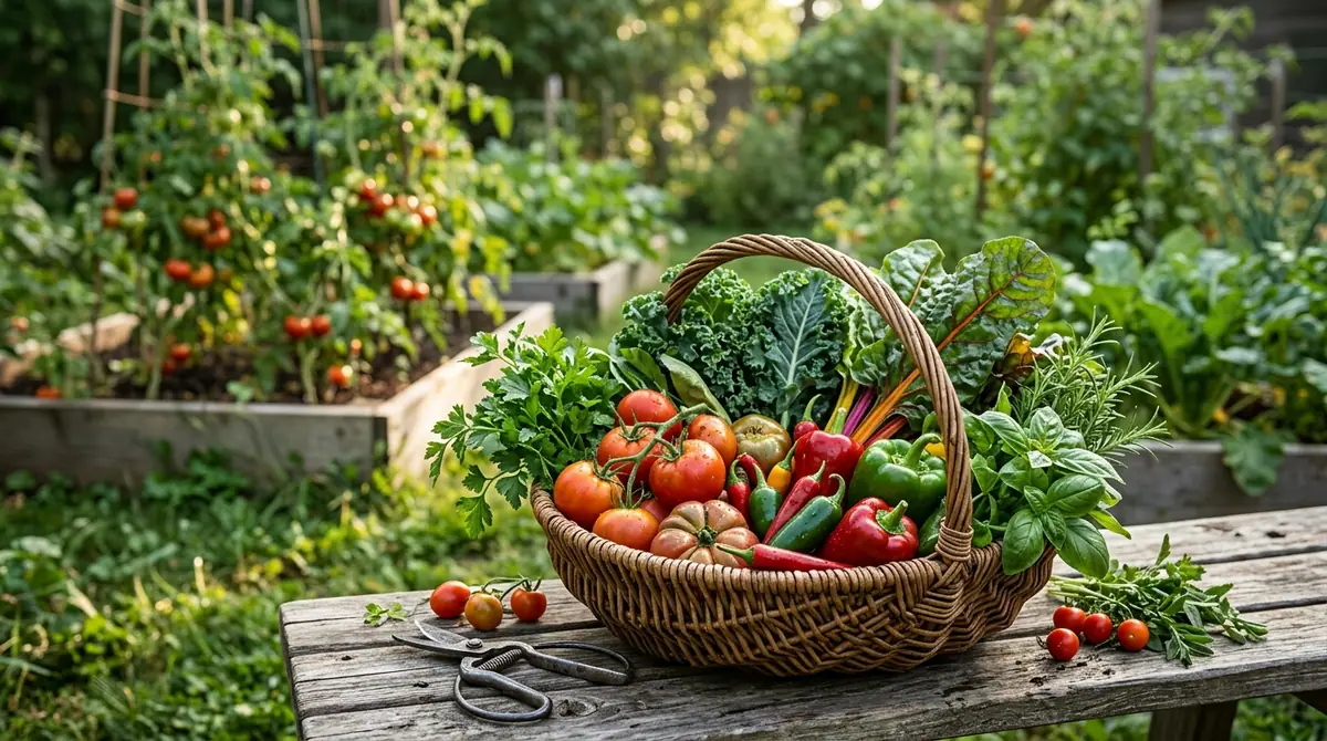 Woven basket filled with fresh tomatoes, peppers, kale, and herbs on a wooden bench in a garden