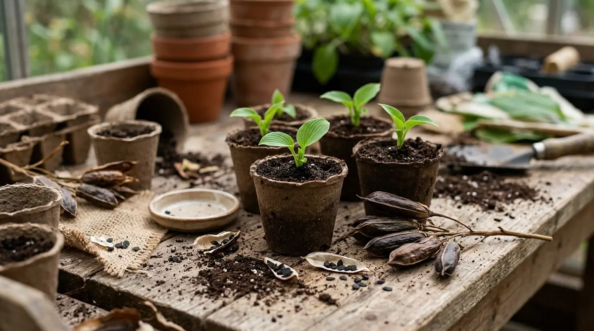 Young hosta seedlings in peat pots beside open seed pods and seeds on a wooden potting bench