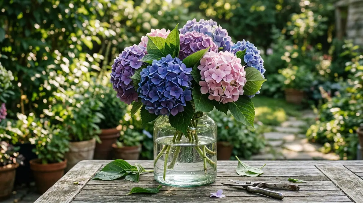 Fresh cut blue, purple, and pink hydrangeas in a glass vase on a wooden garden table next to pruning shears