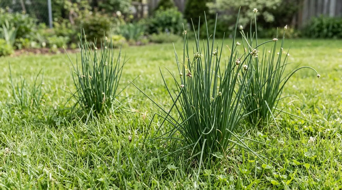 Clumps of wild onions with tall green stems and tiny seed heads growing in a green lawn