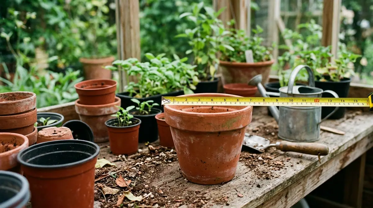 Measuring the top diameter of an empty terracotta pot with a yellow tape measure on a wooden workbench