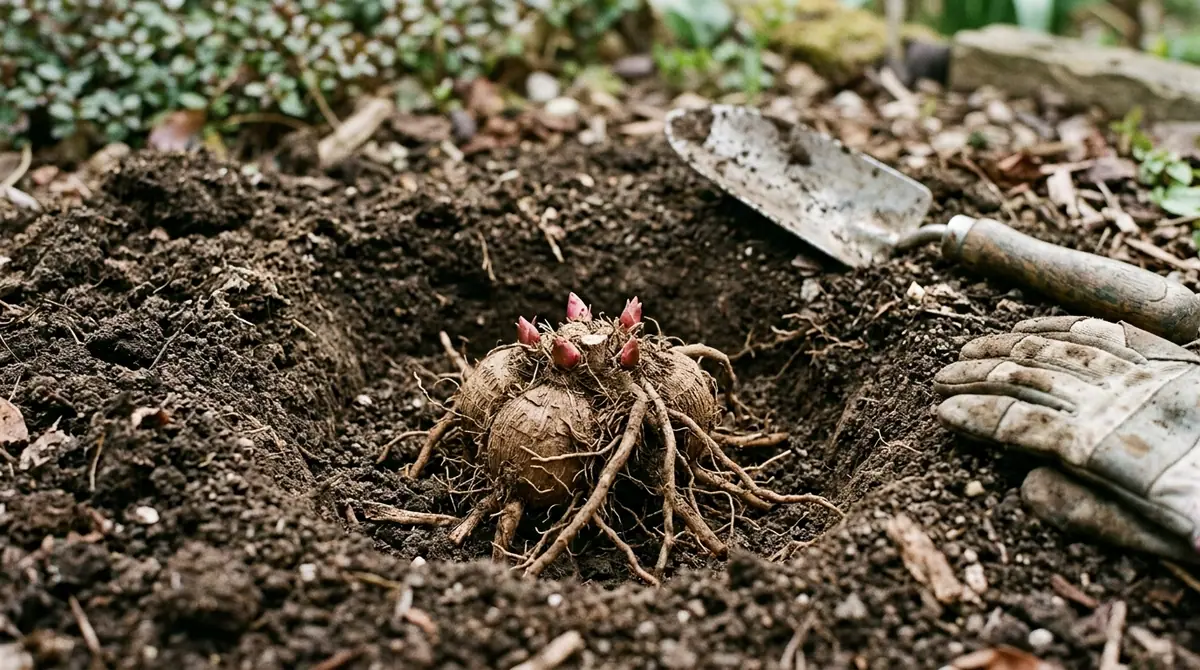 Peony root with pink buds resting in a hole in the dirt next to a garden trowel and glove