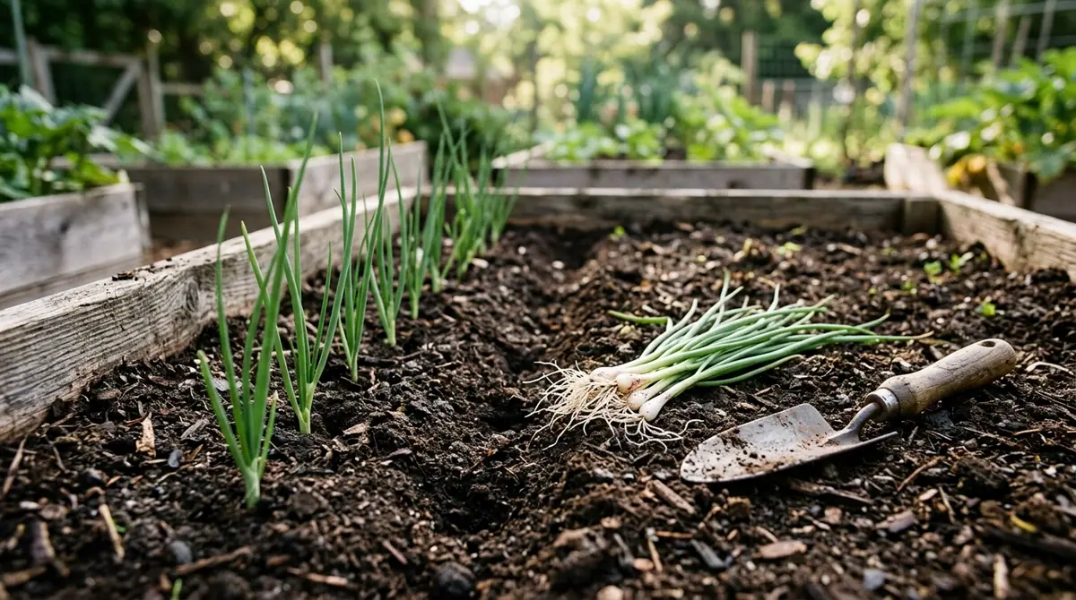 Row of Walla Walla onion plants in a raised garden bed with unplanted seedlings and a hand trowel
