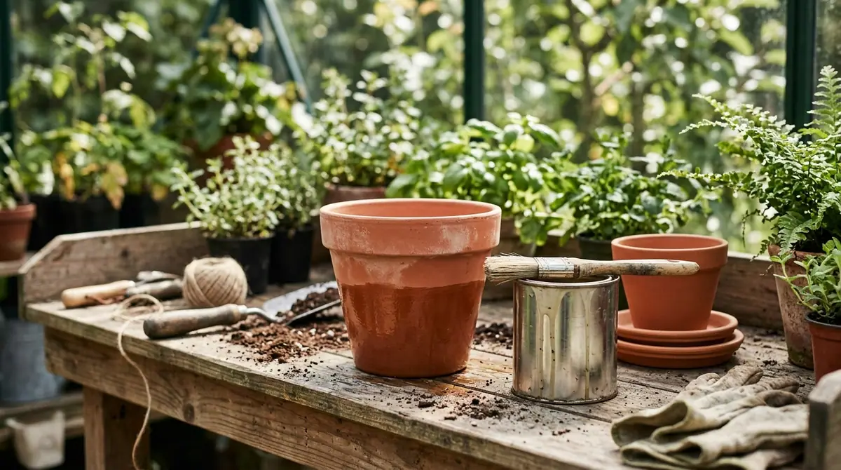 Half-sealed terracotta pot on a wooden bench next to a sealant tin, paintbrush, and potted plants
