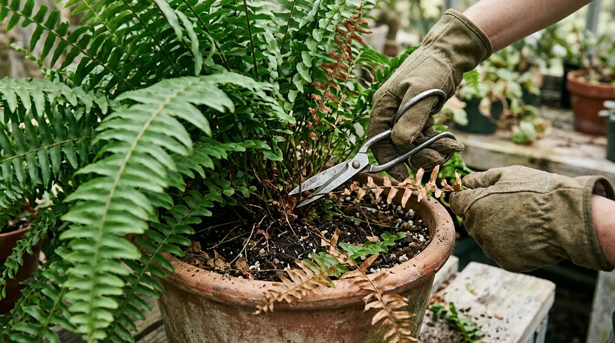 Gloved hands using shears to trim a dead brown frond from a potted fern