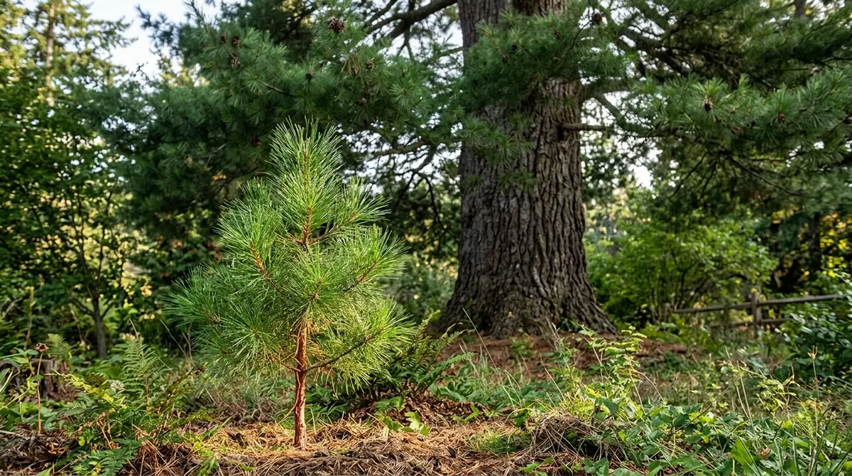 Small pine sapling growing in front of a large, mature pine tree in a forest