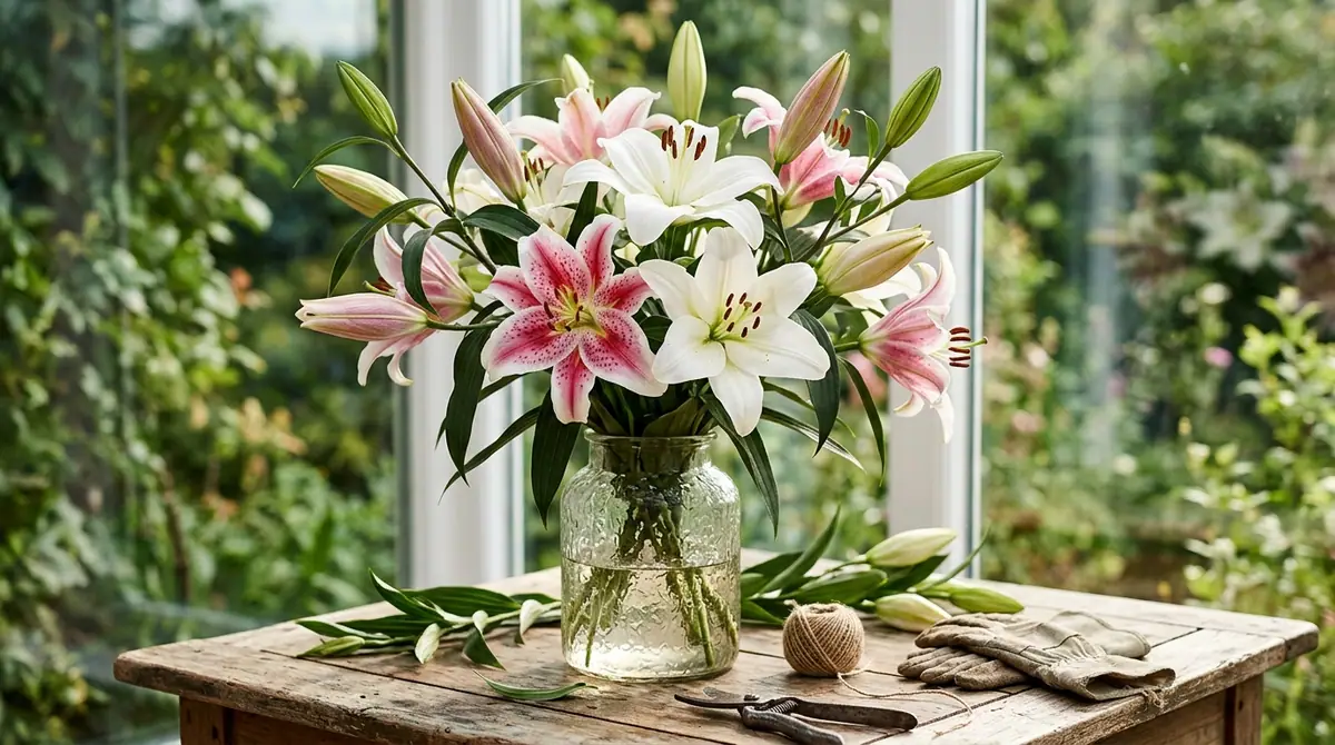 Pink and white blooming lilies in a glass vase on a rustic wooden table with garden shears and gloves
