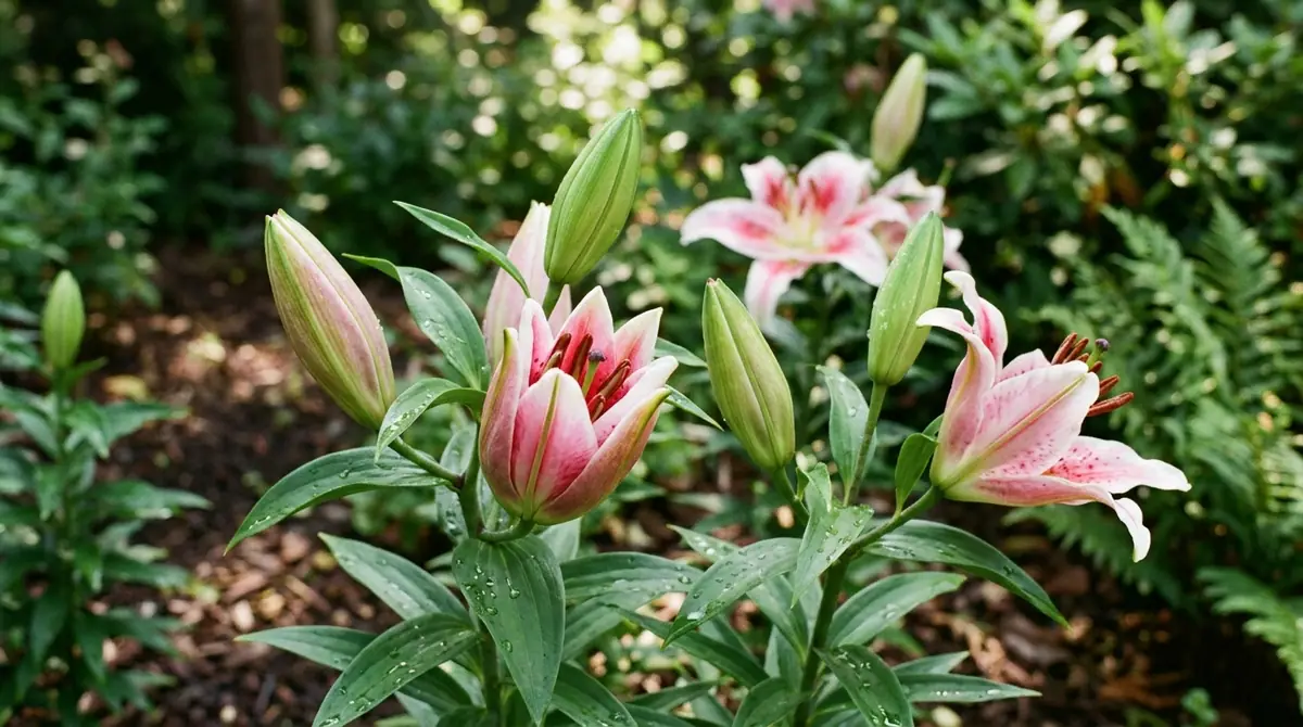 Pink lilies in a garden showing various stages of opening from closed buds to full blooms