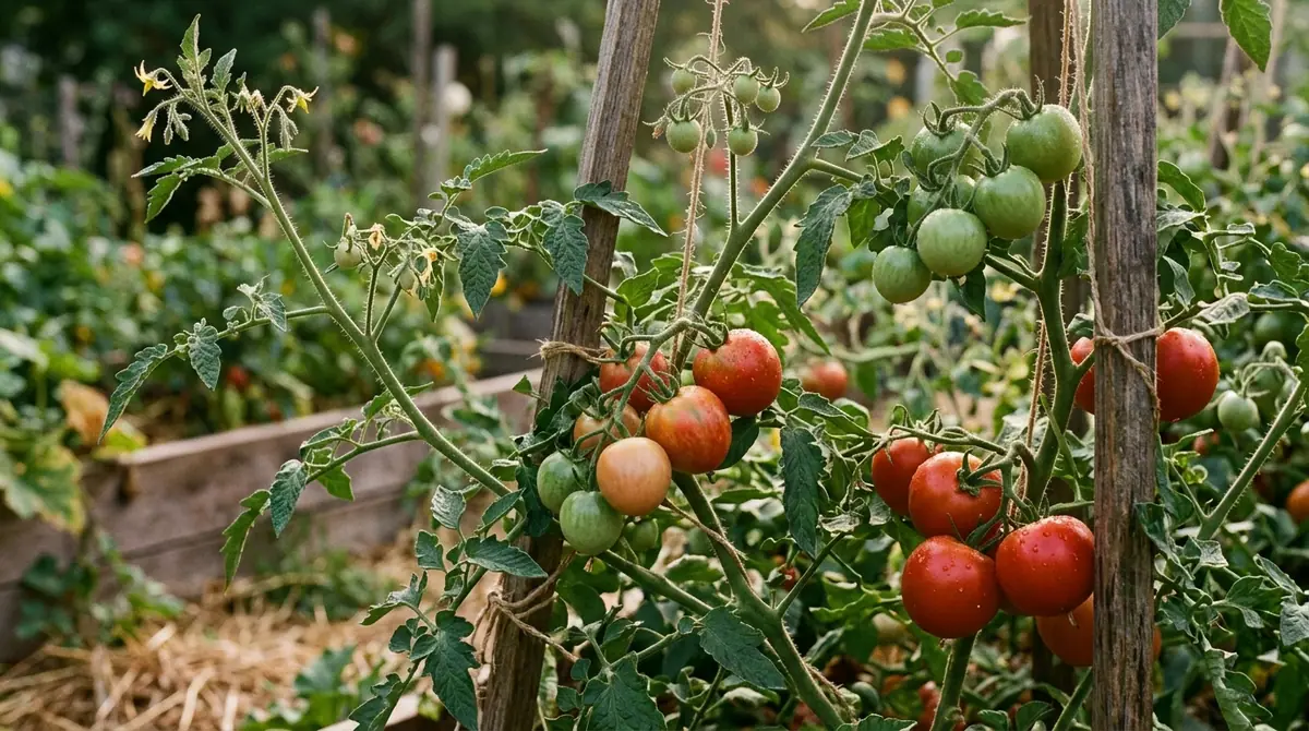 Clusters of green and ripe red tomatoes growing on vines tied to wooden stakes in a garden