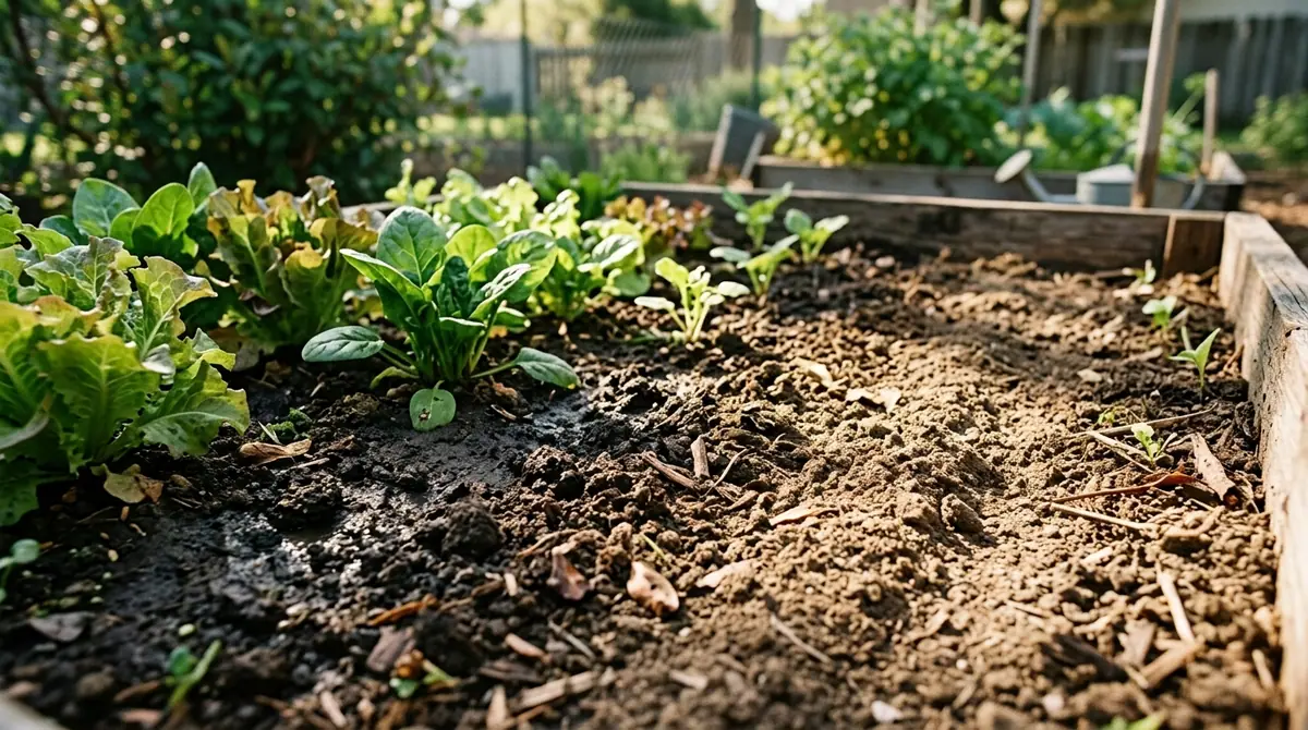Sunlight drying wet dark soil next to young lettuce plants in a wooden raised garden bed