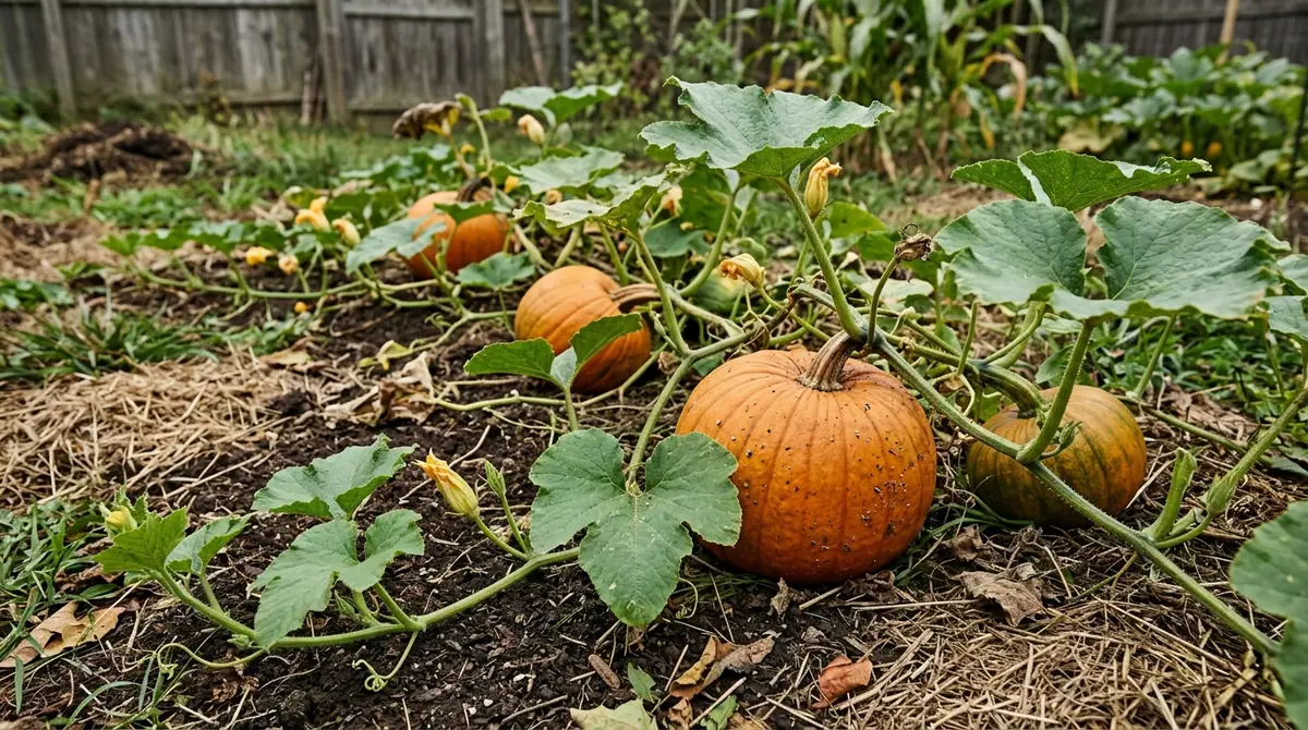Orange pumpkins growing on leafy green vines trailing across mulched garden soil