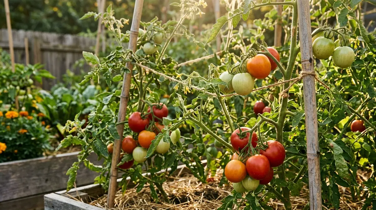 Tomato plants with green and red fruit ripening on stakes in a sunny raised garden bed