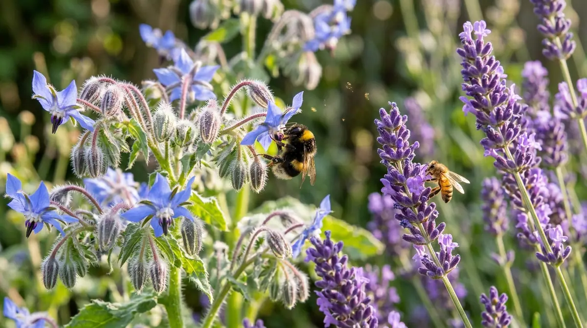 Bumblebee on blue borage flowers and a honeybee on purple lavender in a sunny garden