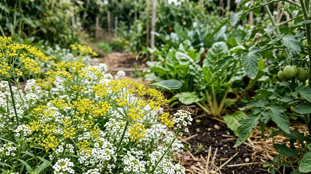 Green lacewing and hoverfly on yellow dill and white alyssum flowers in a vegetable garden