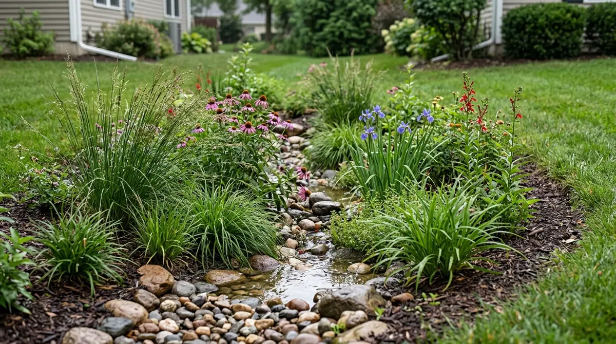 Rain garden with a rocky stream bed, flowing water, purple coneflowers, and blue irises in a lawn