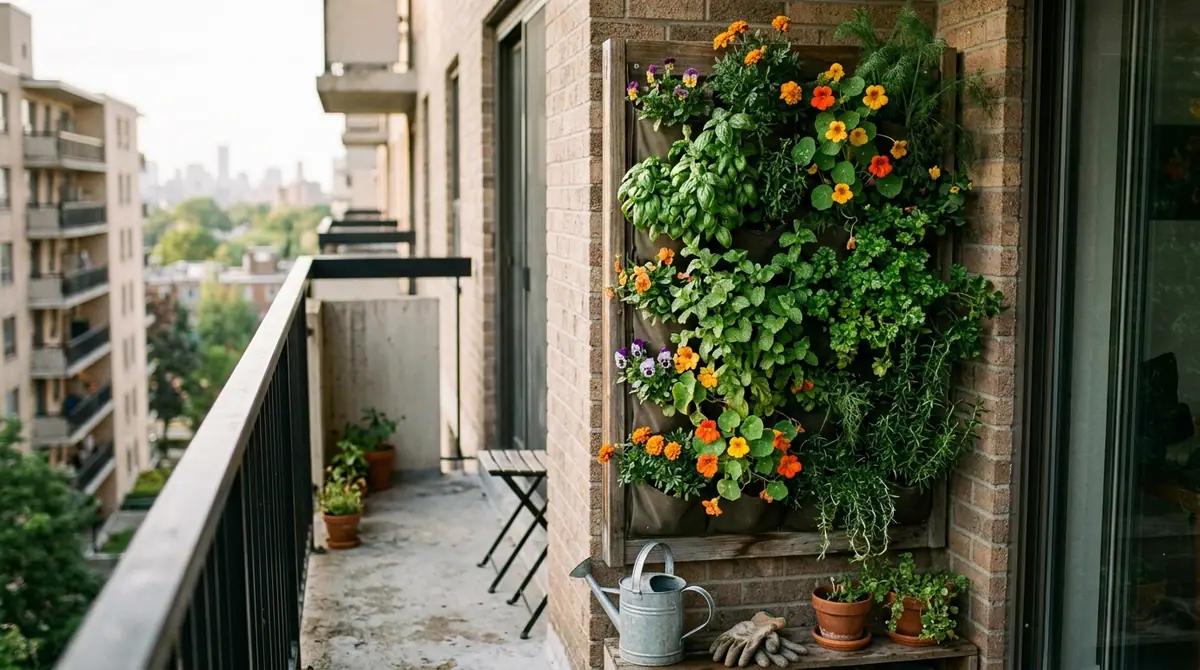 Lush vertical garden planter with herbs and colorful flowers mounted on a brick wall of a city balcony