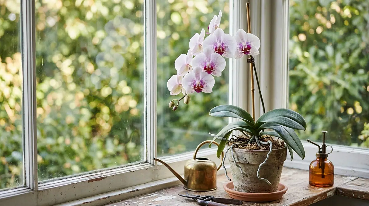 Blooming white orchid in a pot on a wooden windowsill beside a brass watering can and spray bottle